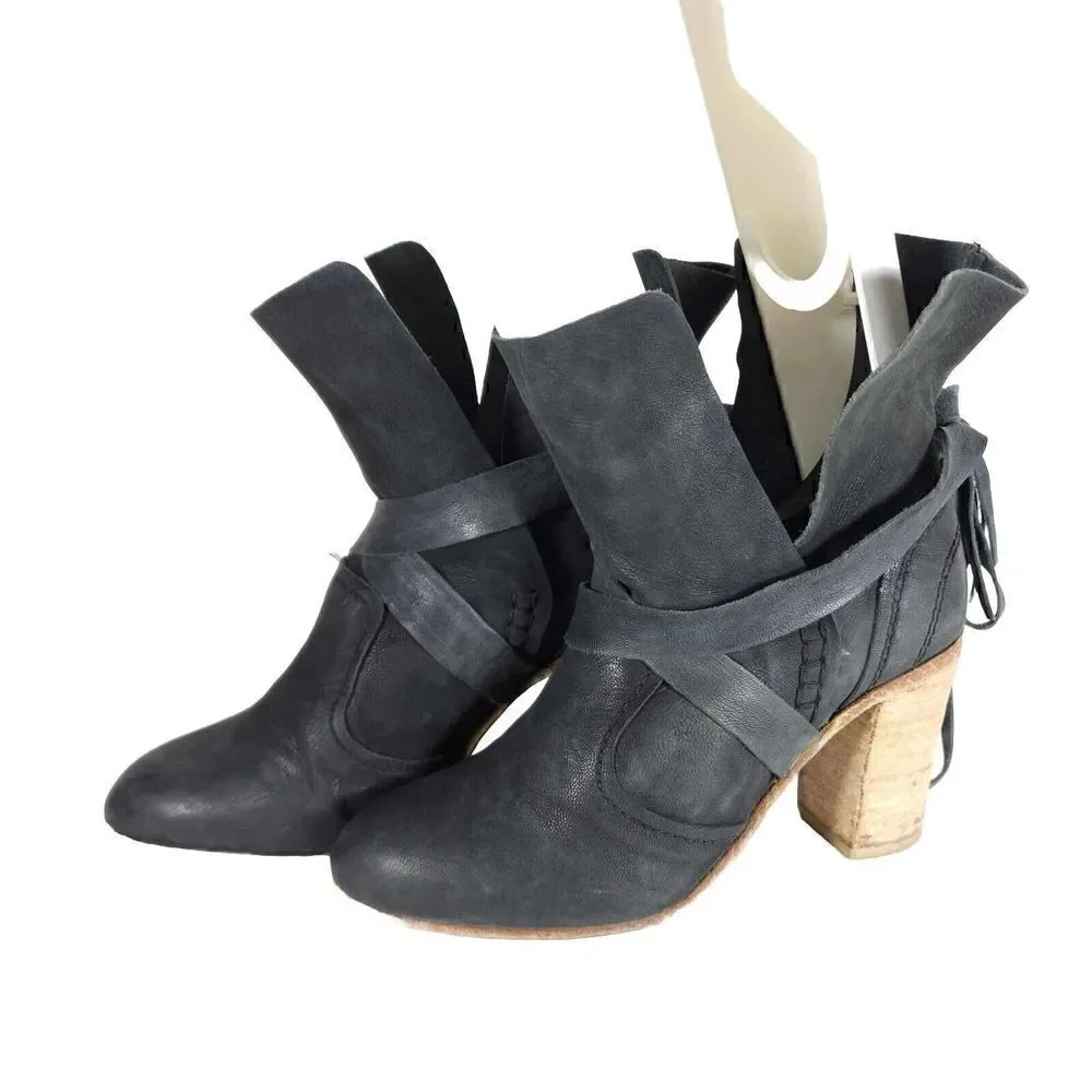 Free People Women's Seven Wonders 36 US5,5 Gray Leather Lace Fringe Ankle Boots